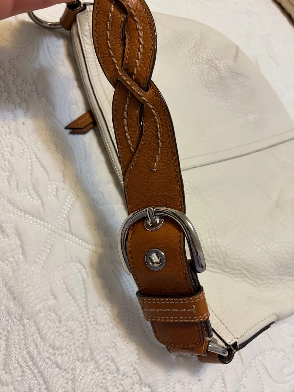 Coach Soho White Pebbled Leather Hobo Shoulder Bag with Tan Trim